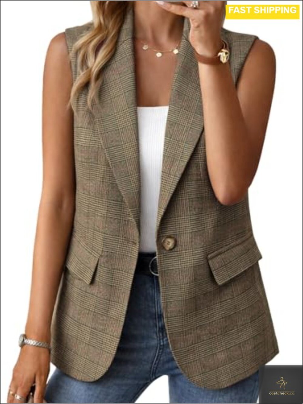 Sleeveless Open Front Lightweight Vest Blazer Jacket Polyester Blend